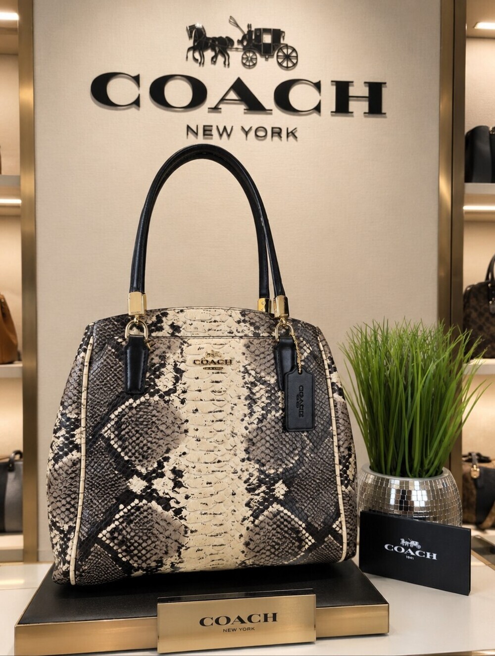 Coach Minetta Satchel Hand Bag Python Snake Print Embossed Leather Crossbody NWT